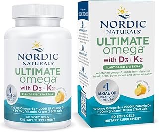 Nordic Naturals Ultimate Omega Plant Based Vitamin with Vitamin D3+K2-60 Vegetarian Soft Gels - 1210 mg Omega-3s Plus 2000 IU D3 and 90 mcg K2 - Promotes Brain Health - Non GMO - 30 Servings