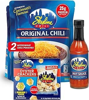 Skyline Chili Bundle Pack – 2 Original Chili Recipe Packets, 1 Skyline Hot Sauce Bottle, 25 Oyster Cracker Bags, 0.9oz Each - Authentic Cincinnati Chili Flavor for Easy, Hearty Meals & Snacks