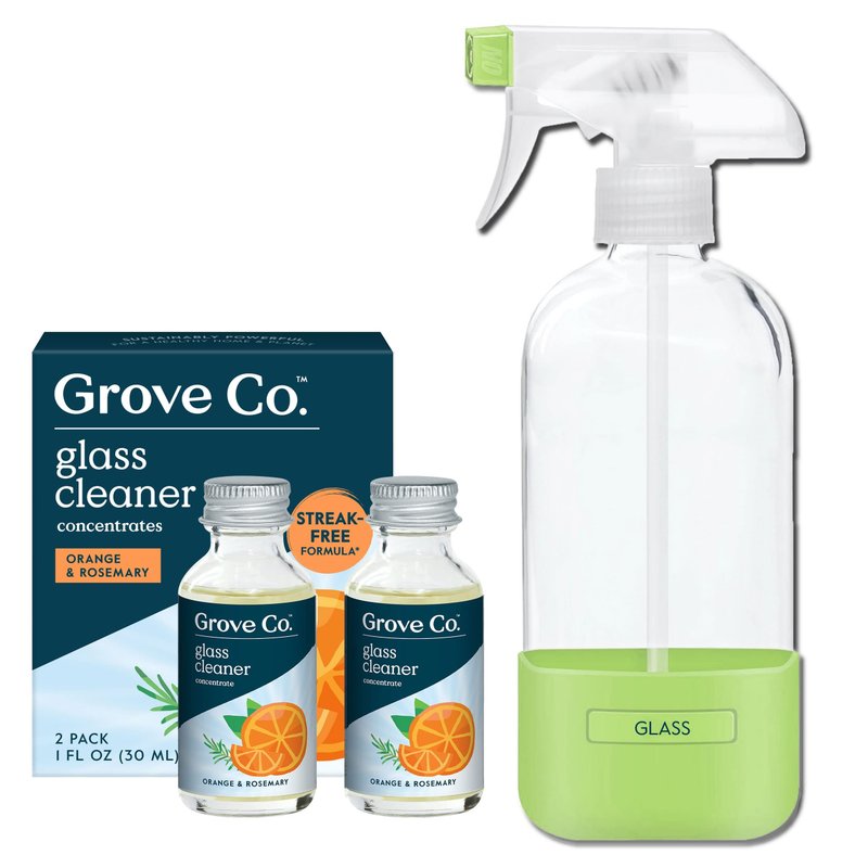 Grove Co. Glass Cleaner, Refill Concentrate (2 x 1 Fl Oz) + 1 x Reusable Glass Spray Bottle (16 Oz) Plant-Based Cleaning Supplies Bundle, No Plastic Waste, 100% Natural Orange & Rosemary Fragrance