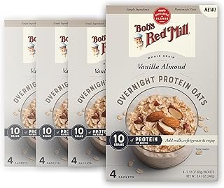Bob's Red Mill Overnight Protein Oat, Vanilla Almond, 16 Packets Total (4 Boxes/4 Packets per Box), Non-GMO, Gluten Free, Whole Grain