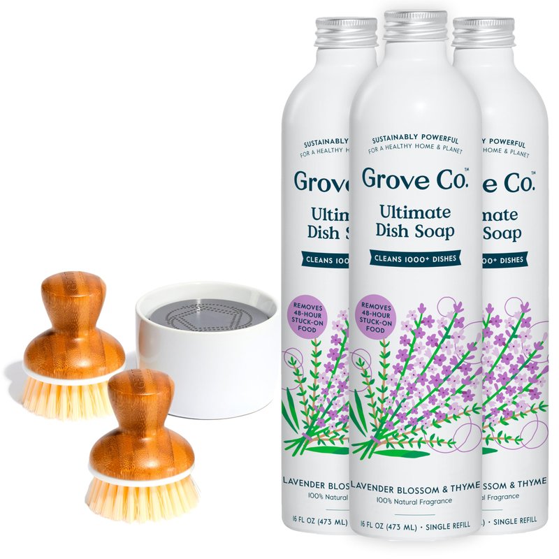 Grove Co. Ultimate Dish Soap Refills, Lavender & Thyme (3 x 16 Fl Oz) and Bubble-Up Dish Soap Dispenser & 2 Pack Brush Set Bundle