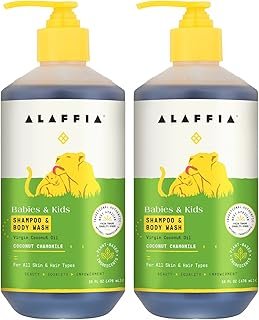 Alaffia Babies and Kids Shampoo and Body Wash, Gentle and Calming Support for Soft Hair and Skin with Yarrow and Chamomile, Coconut Chamomile, 2 Pack - 16 Fl Oz Ea