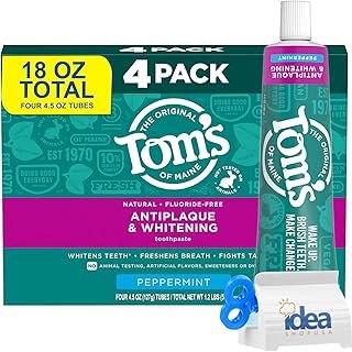 Tom's-of-Maine Antiplaque & Whitening, Peppermint, Natural Toothpaste, Fluoride-Free 4.5 oz (4-Pack 18 oz Total) Bonus Idea Shop USA Toothpaste Squeeze