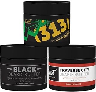 Detroit Grooming Co. Beard Butter Trio Kit – Black Edition (Cedarwood & Amber), Traverse City (Cherry & Tobacco), 313 (Vanilla & Amber) – Hydrating Beard Butter Set – 2oz Each.