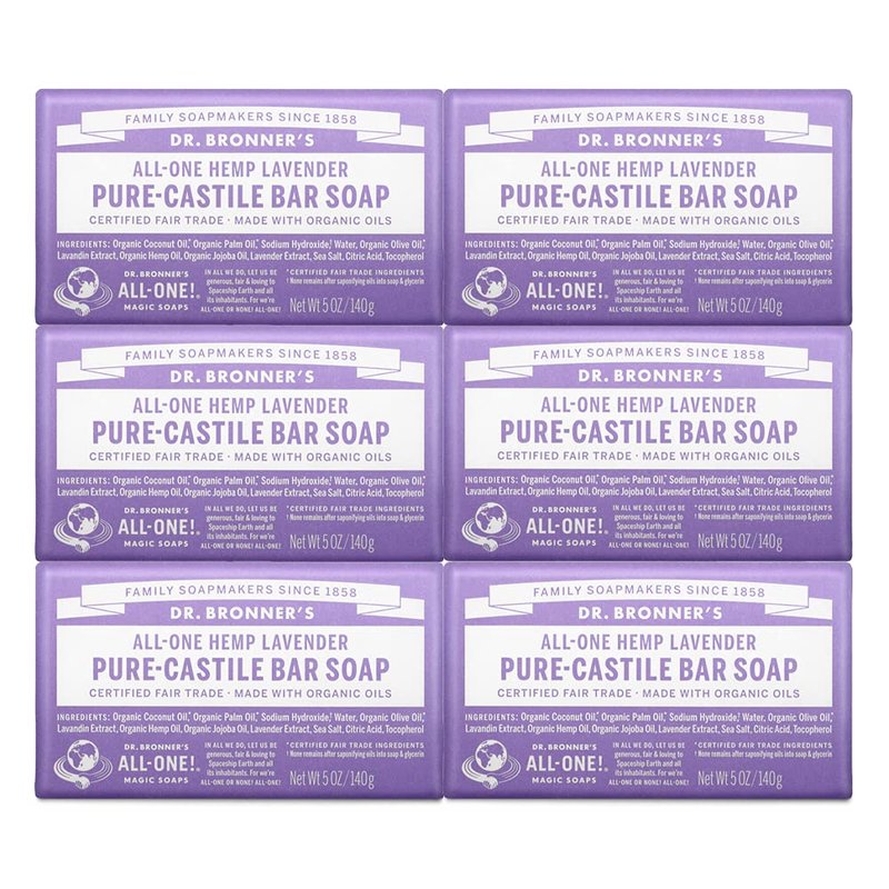 Dr. Bronner's Pure-Castile Bar Soap (Lavender, 5 ounce, 6-Pack) - Made with Organic Oils, For Face, Body and Hair, Gentle and Moisturizing, Biodegradable, Vegan, Cruelty-free, Non-GMO