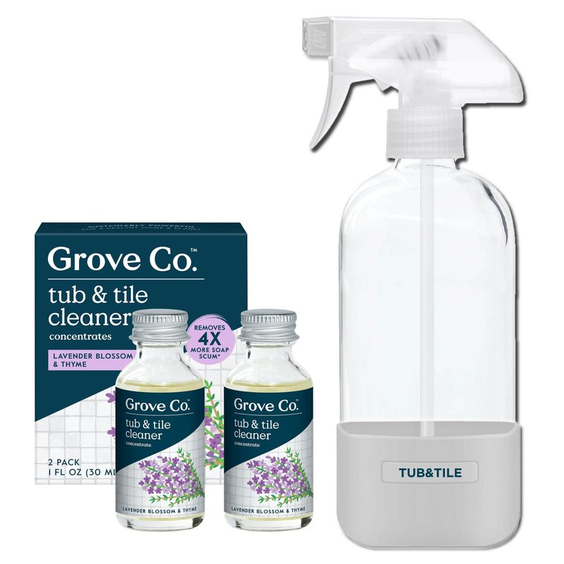 Grove Co. Tub and Tile Cleaner Refill Concentrate (2 x 1 Fl Oz) + 1 x Reusable Glass Spray Bottle (16 Oz) Plant-Based Cleaning Supplies Bundle, No Plastic Waste, Lavender & Thyme Scent
