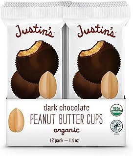 Justins, Peanut Butter Cups Dark Chocolate Box Organic, 1.4 Ounce, 12 Count