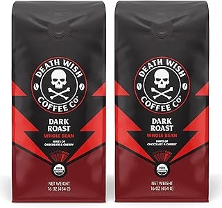 Death Wish Coffee Whole Bean Dark Roast - USA Organic Coffee Beans Bundle/Bulk - Fair Trade Arabica & Robusta - 16 Ounce (Pack of 2)