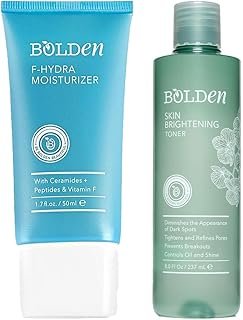 BOLDEN Skin Brightening Toner & F-Hydra Moisturizer Bundle | Targets Dark Spots, Oil & Dryness | with Glycolic Acid, Niacinamide, Hyaluronic Acid, Ceramides & Vitamin F | 8.0 fl oz + 1.7 fl oz