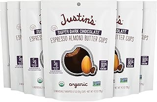 Justin's Organic Super Dark Espresso Almond Butter Cups, Rainforest Alliance Certified Cocoa, Gluten-free, Responsibly Sourced, 6 Stand-up Bags (4.2 Ounce Each)