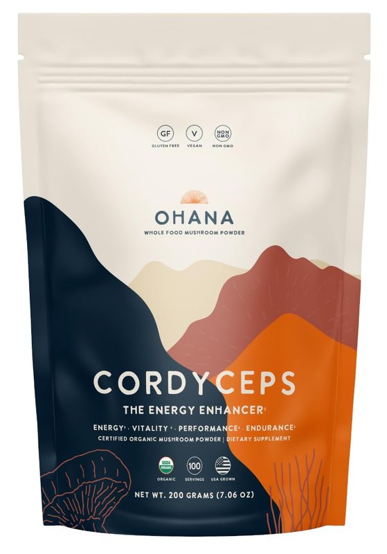 Ohana Cordyceps, Organic Mushrooms Powder Blend, USDA-Organic Whole Food Mushroom Supplement, Non-GMO, Gluten-Free, 3.53 oz. Bag, Pack of 1