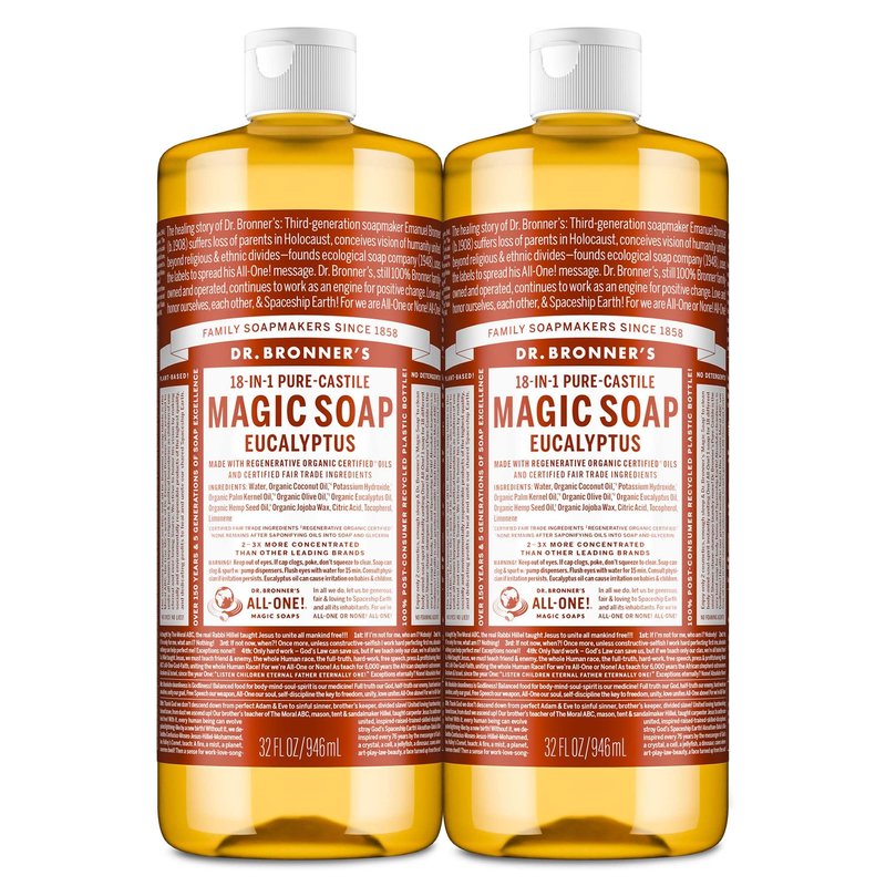 Dr. Bronner's Magic Soap - Pure-Castile Liquid Soap (Eucalyptus, 32 ounce, 2-Pack) -Regenerative Organic Certified Oils, 18-in-1 Uses: Body, Hair, Laundry, Pets & Dishes, Concentrated, Vegan, Non-GMO