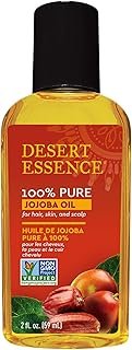 Desert Essence 100% Pure Jojoba Oil – 2 Fl Oz Moisturizer for Hair, Skin & Scalp | Makeup Remover & Aftershave Hydrator, Non-GMO, Vegan, Cold-Pressed, Anti-Flakiness & Non-Clogging Beauty Elixir