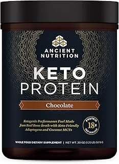 Ancient Nutrition Keto Protein Powder, KetoPROTEIN with Fats from Bone Broth and MCT Oil, Chocolate, 18g Protein 10g Fat Per Serving, Gluten Free, Low Carb, Paleo Friendly, 17 Servings