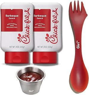 Chick-fil-a Barbecue Sauce 8 oz. (2-pack) Squeeze Bottle Resealable Container Bundle with Giri™ Plastic Spork and Stainless Steel Condiment Sauce Cup (3 Items)