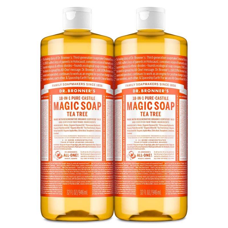 Dr. Bronner's Pure-Castile Magic Soap Liquid (Tea Tree, 32 ounce, 2-Pack) - Made with Regenerative Organic Certified Oils, 18-in-1 Uses: Body, Hair, Laundry & Dishes, Concentrated, Vegan, Non-GMO