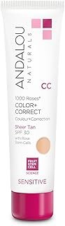 Andalou Naturals 1000 Roses CC Color + Correct with SPF 30, Sheer Tan, 2-in-1 Face Sunscreen + CC Cream for Sensitive Skin, Helps Correct Uneven Skin Tone, Reef Safe Sunscreen, 2 Fl Oz