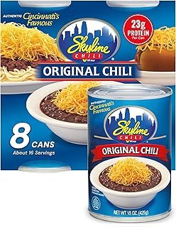 Skyline Chili Canned Chili 15 oz Cans (8-Pack) – Authentic Cincinnati Ground Beef Chili, No Beans – High-Protein Chili Dog Sauce for Hot Dogs & Coneys – Includes Recipe Card for Chili Dip & More