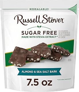 Russell Stover Sugar Free Dark Chocolate Almond & Sea Salt Bark, 7.5 oz bag (≈ 24 pieces)