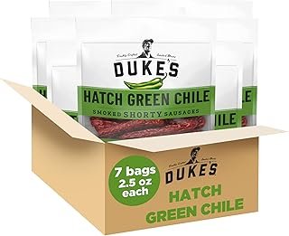 DUKE'S Pork Hatch Green Chile Smoked Shorty Sausages, 7g Protein Per Serving, 2.5 oz. Snack Bags (Pack of 7)