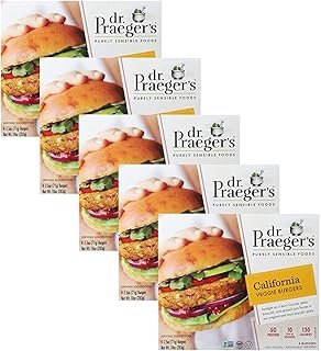 Dr. Praeger's California Veggie Burgers - 5g Protein per Serving - Non GMO - Certified Vegan - 4 Servings Per Container - Individually Wrapped - Kosher - 130 Calories - 5 Pack (10 oz Each)