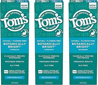Tom’s of Maine Botanically Bright Natural Whitening Toothpaste, Fluoride Free and SLS Free, Vegan, Peppermint, 3 Pack, 4.0 Oz