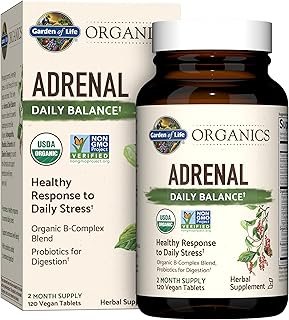 Garden of Life Organics Adrenal Daily Balance, Adaptogenic Herbs Ashwagandha, Holy Basil, B Complex & Probiotics, Organic Non-GMO, Vegan, Gluten Free Supplement, Two Month Supply, 120 Tablets