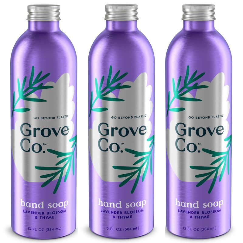 Grove Co. Hydrating Gel Hand Soap Refills (3 x 13 Fl Oz) Plastic-Free Liquid Hands Cleaner Refill Set, Leaves Hands Soft and Clean, 100% Natural Lavender Blossom & Thyme Fragrance