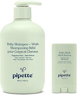 Pipette Fragrance Free Baby Shampoo + Wash and Balm Stick Duo, Clean, Tear-Free Bath Time, Sulfate-Free, Paraben-Free, Sensitive Skin, Moisturizing Diaper Balm for Dry Skin, Hypoallergenic, Non-Toxic