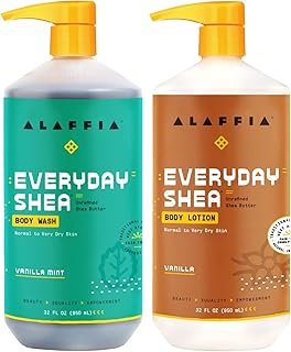Alaffia EveryDay Shea Vanilla Lotion and Mint Body Wash - For Normal to Very Dry Skin, Cleanses and Hydrates with Shea Butter, Lemongrass, Neem and Coconut Oil, 32 Oz Each