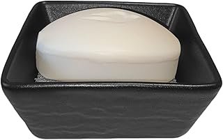 Ceramic Soap Dish, Vonpri Soap Holder Tray, Non-Slip Square Soapbox Container for Handmade Bar Bathroom Sink, Countertop, Shower Stone Texture (Black)
