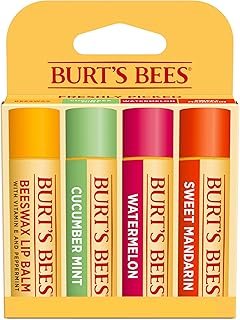 Burt's Bees Lip Balm - Original Beeswax, Cucumber Mint, Watermelon & Sweet Mandarin, With Responsibly Sourced Beeswax, Tint-Free, Natural Origin Treatment, 4 Tubes, 0.15 oz.