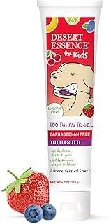 Desert Essence Fluoride-Free Toothpaste Gel for Kids - Tutti Frutti Flavor - Safe for Toddlers and Babies - Gluten-Free, SLS-Free, Non-Fluoride - Safe to Swallow with Xylitol and Aloe, 4.7oz