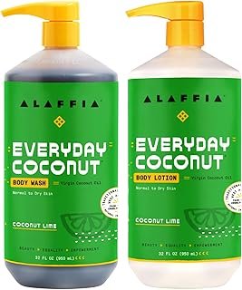 Alaffia EveryDay Coconut Hydrating Body Lotion and Body Wash - Normal to Dry Skin, Moisturizing Support for Soft & Supple Skin, Moisturizes and Cleanses Toxins and Grime, Coconut Lime, 32 Fl Oz Each