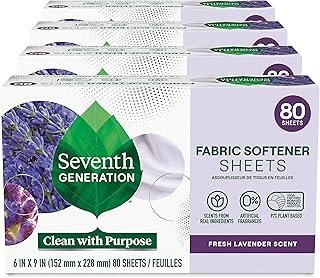 Seventh Generation Dryer Sheets Fabric Softener Fresh Lavender Scent with 100% Essential Oils and Botanical Ingredients 80 Sheets (Pack of 4)