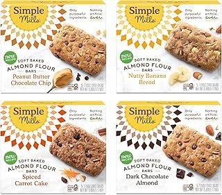 Simple Mills Almond Flour Snack Bars (Nutty Banana, Spiced Carrot Cake, Dark Chocolate Almond, Peanut Butter Chocolate Chip) - Gluten Free, Made with Organic Coconut Oil, Breakfast Bars, Healthy Snacks, 6 Ounce (Pack of 4)