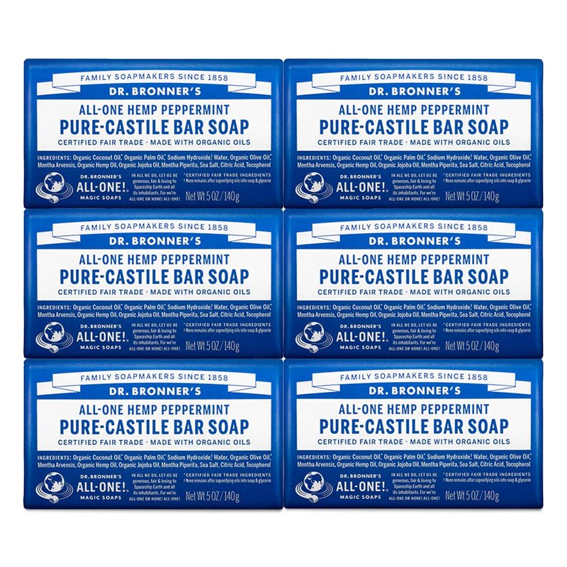 Dr. Bronner's Pure-Castile Bar Soap (Peppermint, 5 ounce, 6-Pack) - Made with Organic Oils, For Face, Body & Hair, Gentle & Moisturizing, Biodegradable, Vegan, Cruelty-free, Non-GMO