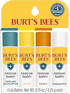 Burt's Bees 100% Natural Origin Rescue Lip Balm, Cooling Eucalyptus, Lemon, Honey, Unscented, 4 Tubes, Pack May Vary
