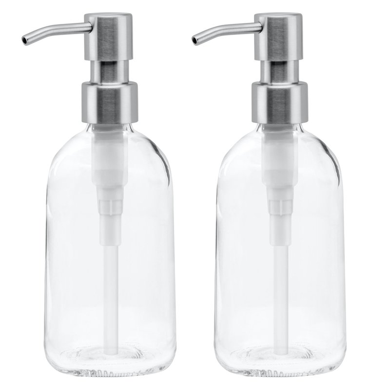 Grove Co. Gel Hand Soap Dispenser (13.5 Oz) 2 x Refillable Glass Bottles with Stainless Steel Pump, Reusable Liquid Soap Refill Set, Square Base, Reduce Plastic Waste Bundle