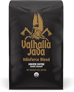 Death Wish Coffee Valhalla Java Dark Roast Grounds - Extra Kick of Caffeine - 5 Lb. - Bold & Intense Blend of Arabica Robusta - USDA Organic - Strong Coffee for Morning Boost