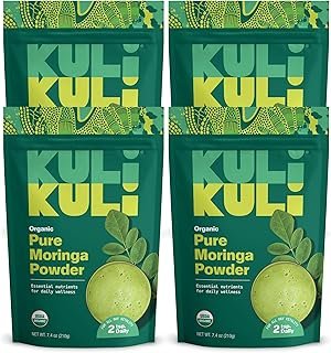 Kuli Kuli Moringa Oleifera Organic Leaf Powder & Green Smoothie, 100% Pure USDA Certified & Non-GMO Moringa Powder, Great with Smoothies, Tea, and Food, 4 Pack