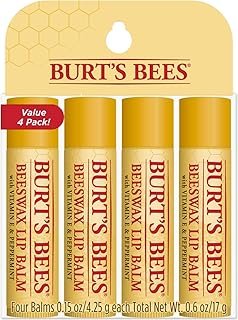 Burt's Bees Lip Balm Stocking Stuffers, Moisturizing Lip Care Holiday Gift, 100% Natural, Original Beeswax with Vitamin E & Peppermint Oil (4 Pack)