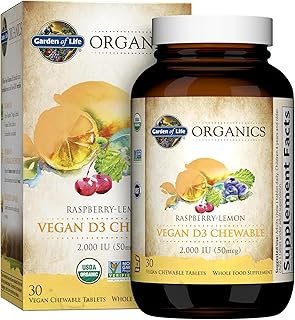 Garden of Life Organics Vegan Vitamin D3 Chewable - Raspberry Lemon, 2,000 IU (50mcg) Whole Food Vitamin D3 from Lichen Plus Food & Mushroom Blend, Gluten Free, 30 Chewable Tablets