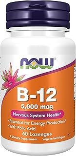 NOW Foods Supplements, Vitamin B-12 5,000 mcg, With Folic Acid, Nervous System Health*, 60 Lozenges