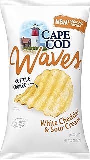 Cape Cod Waves Kettle Cooked Potato Chips, Satisfying All Natural- Great For Dipping (White Cheddar & Sour Cream, 4 Bags)