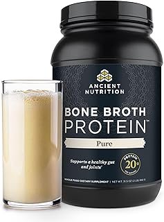 Ancient Nutrition Grass Fed, Cage Free, Bone Broth Protein Powder, 20g Protein, Hydrolyzed Collagen Peptides, Keto & Paleo Friendly, Supports Joint & Gut Health, Pure, 40 Servings