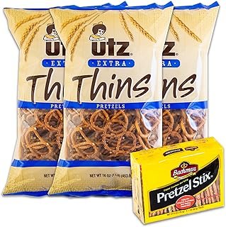 Utz Extra Thins Pretzels (3, 16oz bags) - Variety Pack - Bachman Pretzel Stix (1, 6-1oz Trays) - Thin, Crispy, Crunchy Pretzels - 4 Items Total