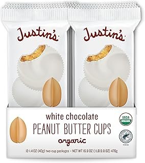 Justin's Organic White Chocolate Peanut Butter Cups, Rainforest Alliance Certified Cocoa, Gluten-free, Responsibly Sourced, 1.4 Ounce (Pack of 12)