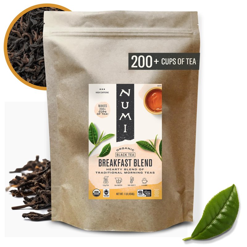 Numi Organic Breakfast Blend Loose Leaf Tea, 16 Ounce Pouch, Loose Leaf Black Tea, Brews 200 Cups (Packaging May Vary)