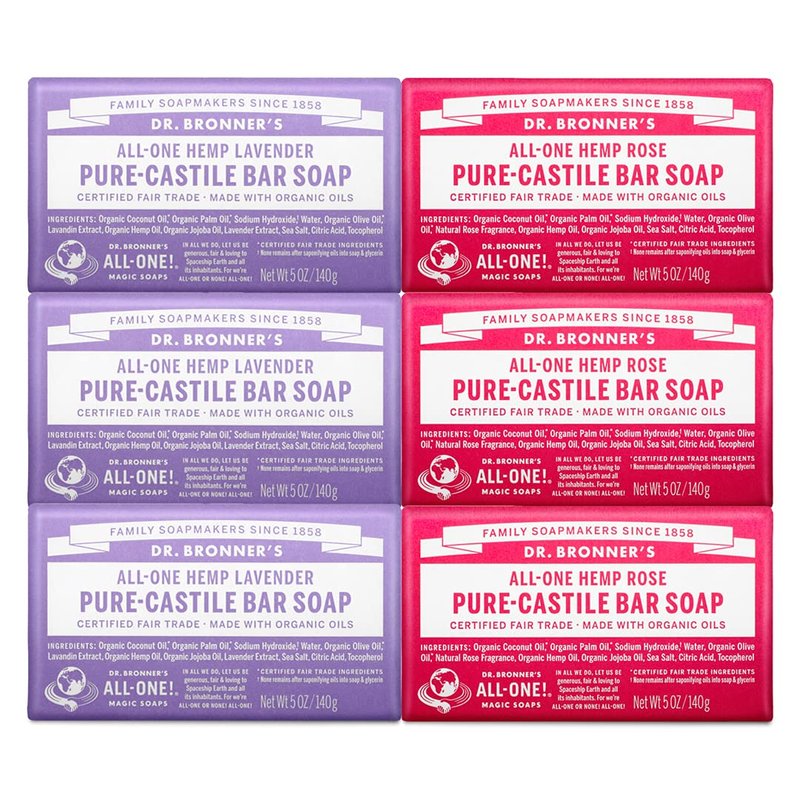 Dr. Bronner's Pure-Castile Bar Soap, Rose 5 Ounce (3) and Lavender 5 Ounce (3) - Made with Organic Oils, For Face, Body and Hair, Gentle and Moisturizing, Biodegradable, Vegan, Cruelty-free, Non-GMO